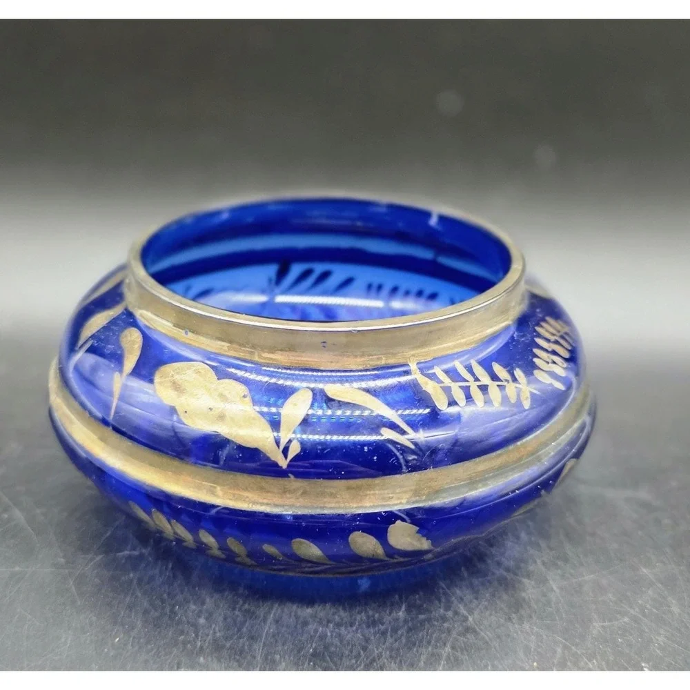 Vintage Cobalt Blue Italian Art Glass Silver Overlay Candy Dish Bowl 6